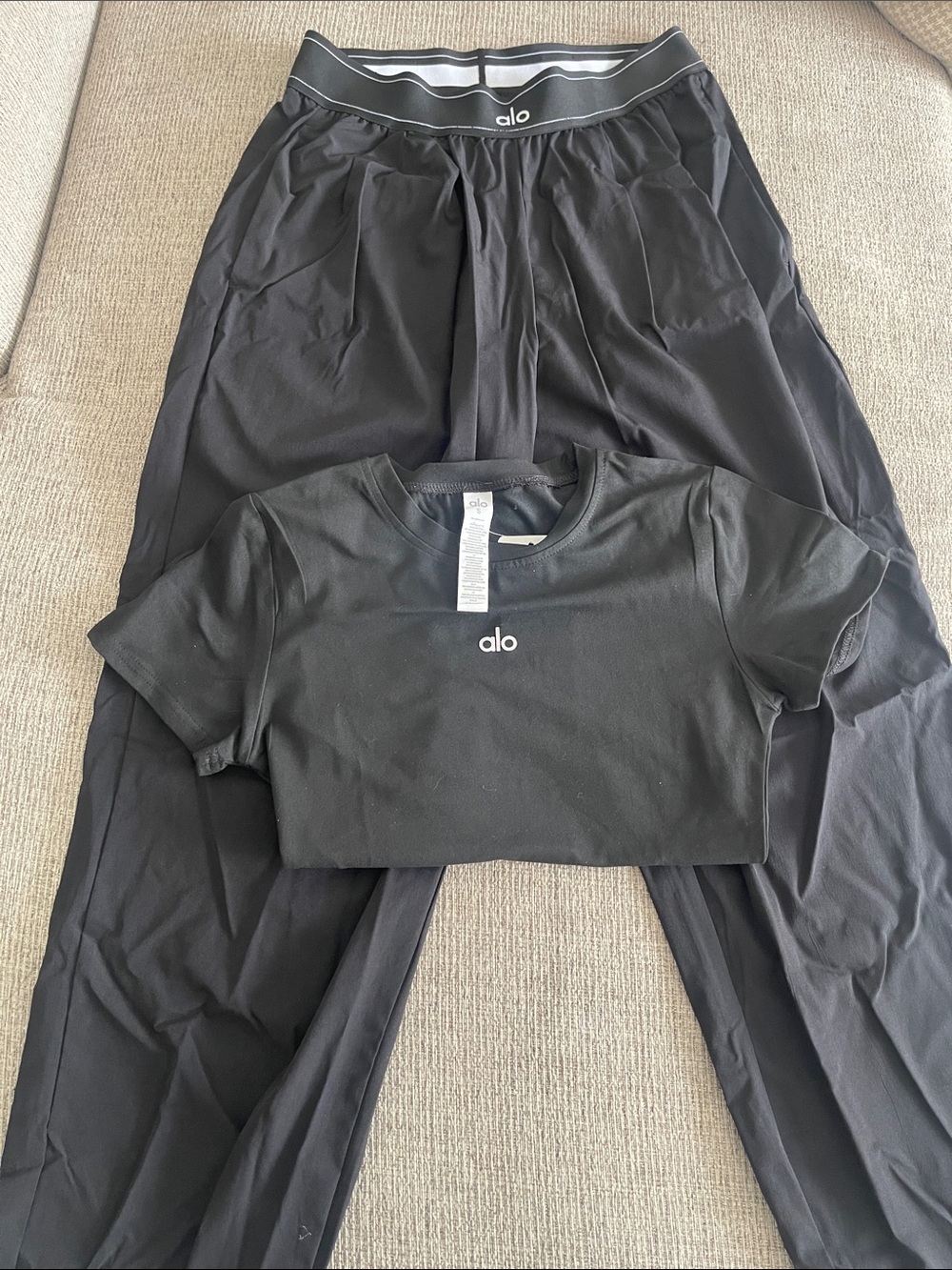 ALO Yoga Black Cropped Tee with High-Waist Track Pants